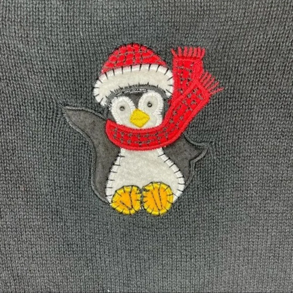 White Stag Black Holiday Embroidered Penguin Button Up Cardigan Size Medium - Picture 5 of 7